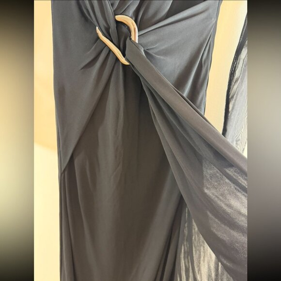 HALSTON HERITAGE Black Sheer Sleeve Ruch Wrap Elegant Gala Evening Maxi Dress - Picture 6 of 11